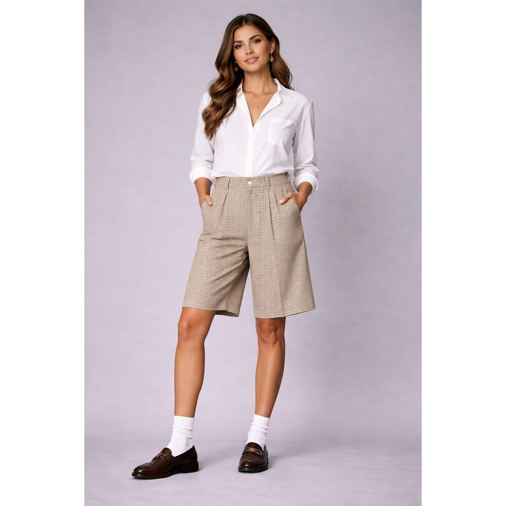 Tofy Vintage Plaid Bermuda Shorts Size 8 High Waist Houndstooth Wool Blend